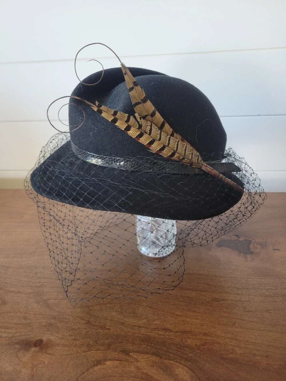 Vtg Adolfo II New York Paris Black Wool Felt Cocktail Hat Birdcage Veil Feather